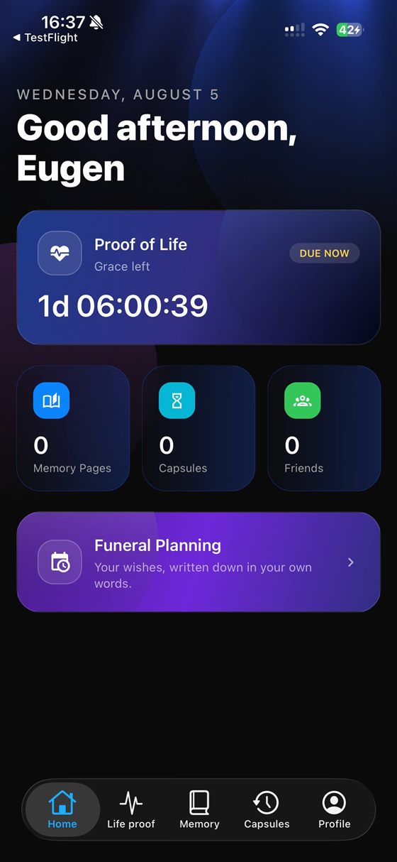 Saylavy home screen showing the Proof of Life countdown