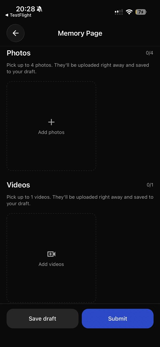 Memory Page builder photo and video upload step
