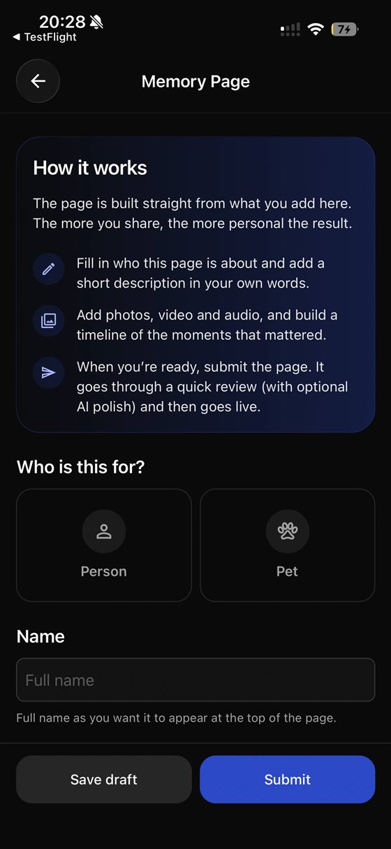 Memory Page builder explaining how it works and who the page is for